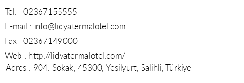 Lidya Sardes Termal Hotel telefon numaralar, faks, e-mail, posta adresi ve iletiim bilgileri